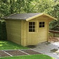 Blokhut Bo28mm onbehandeld vuren 300x300cm luifel 70cm incl glas en Dakleer
