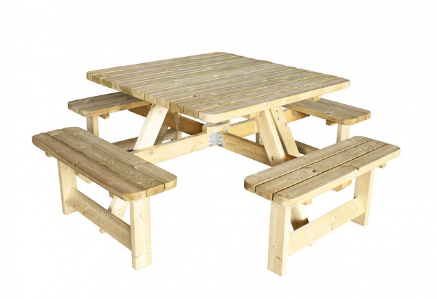 Picknicktafel Vierkant, 40 mm dik, bladmaat 115x115cm.