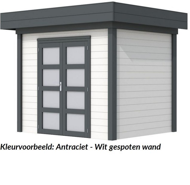 Tuinhuis Parelhoen 400x300cm met Luifel 300cm, wit/antraciet gespoten.
