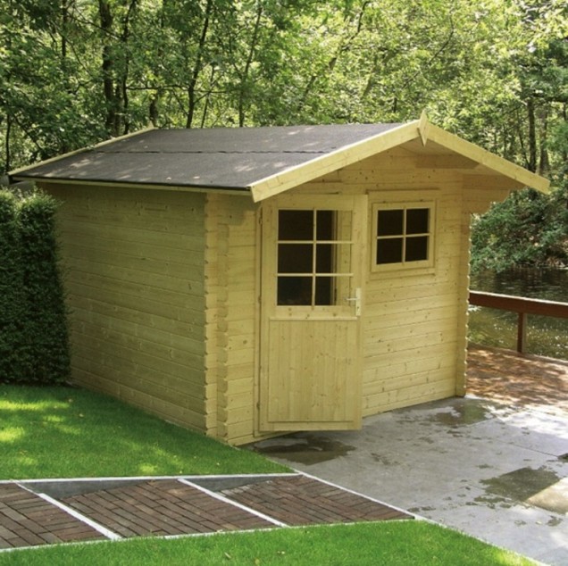 Blokhut Bo28mm onbehandeld vuren 300x300cm luifel 70cm incl glas en Dakleer