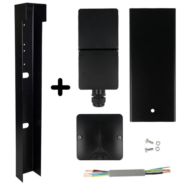 *Tuinpaal zwart RVS met dubbel stopcontact 8.5x8.5x65cm